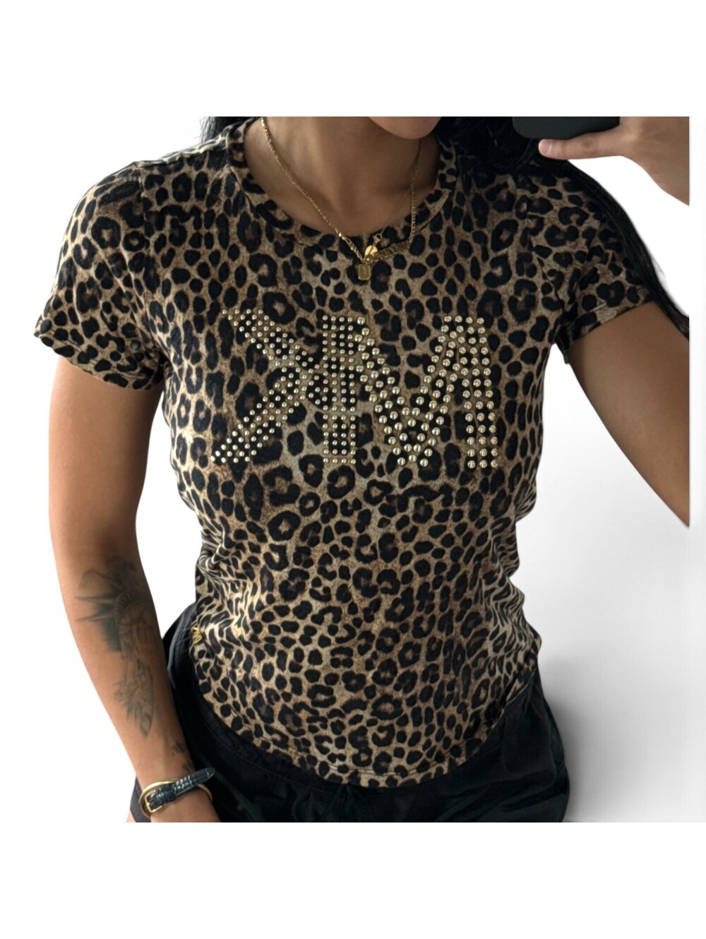 Michael Kors Leopard Print Rhinestone MK Logo Tee Size M